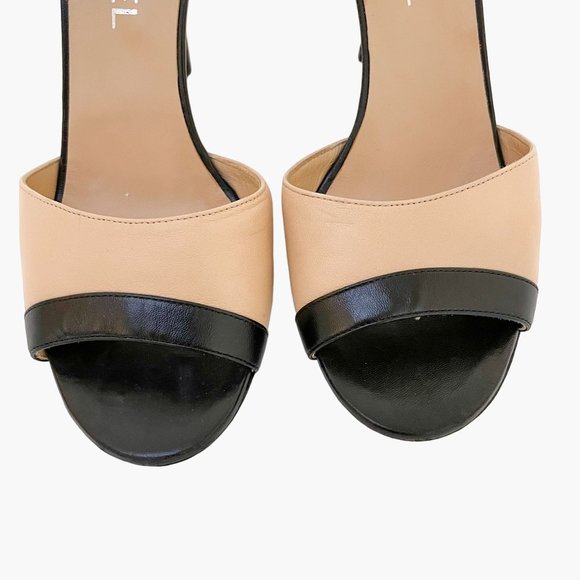 Chanel Two Tone CC Sandals EU 39.5 US 8.5-9 Beige Black Peep Toe High Heels - Picture 3 of 13
